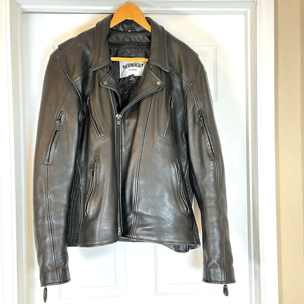 UNIK Premium Mens Heavy Black Leather Motorcycle Jacket Size 48‎ Cross Zip Liner